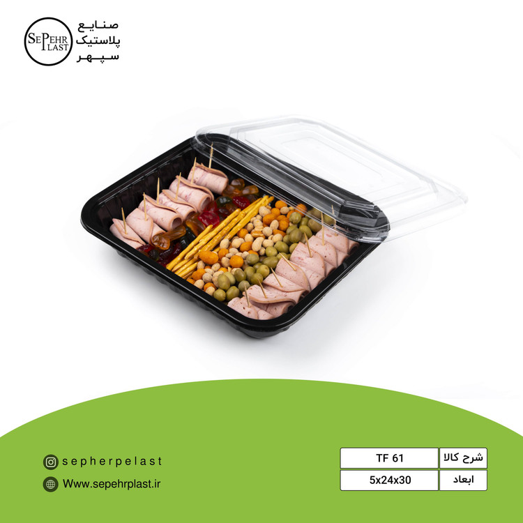 ظرف کیترینگ و میوهخوری تکخانه مشکی با درب شفاف ۵×۲۴×۳۰ (TF61)