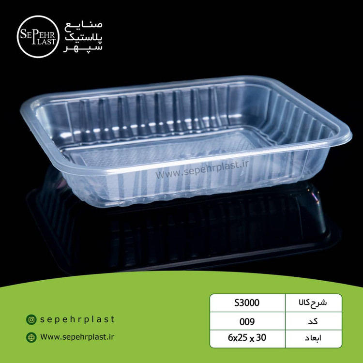 ظرف مستطیلی شفاف جداره شیاردار کف مشبک بستهبندی گوشت و مرغ ۶×۲۵×۳۰ کد 009 (S3000)